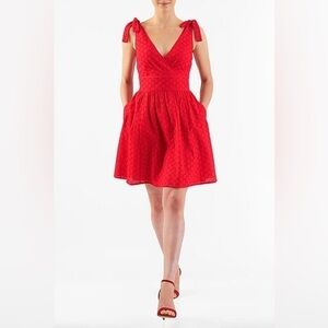 Eshakti 100% Cotton Red Eyelet Lace Ruched Pleat Full Skirt Fit & Flare Dress